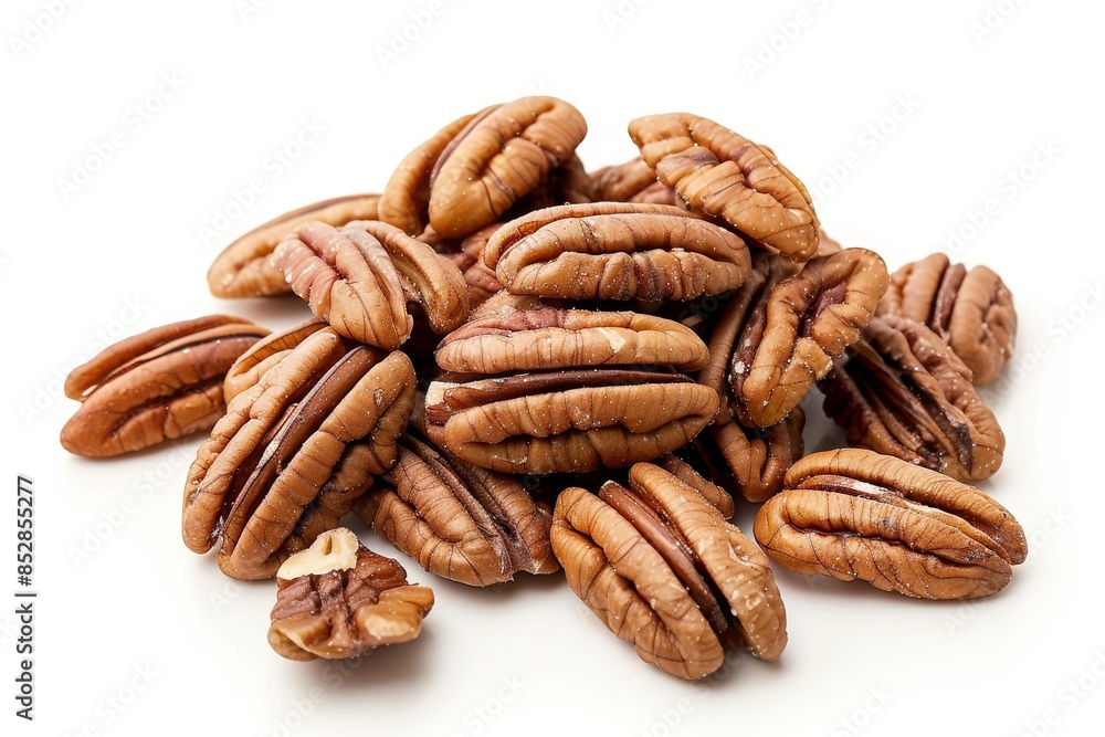 A scattering of pecan halves isolated against a clean white background A scattering of pecan halves isolated against a clean white background