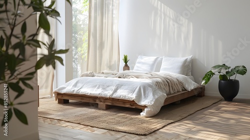 Minimalist bedroom with a wooden bed and white walls, in the style of Japanese interior design, natural light from large windows creates a calm atmosphere.