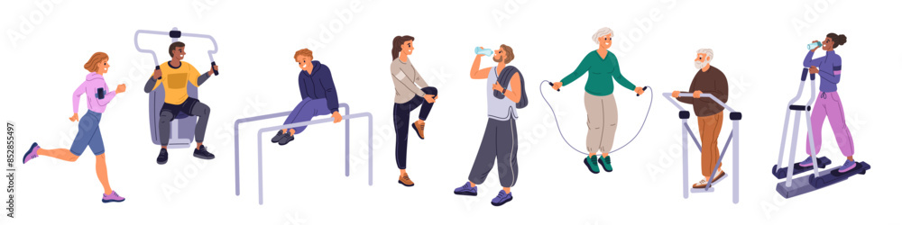 Street fitness training. People in workout. Persons jump rope. Body stretching. Man dumbbell lifting. Download muscles. Outdoor exercises. Park turnstiles. Woman running. Garish vector set Street fitness training. People in workout. Persons jump rope. Body stretching. Man dumbbell lifting. Download muscles. Outdoor exercises. Park turnstiles. Woman running. Garish vector set