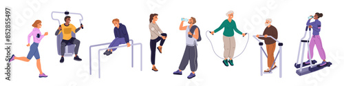 Street fitness training. People in workout. Persons jump rope. Body stretching. Man dumbbell lifting. Download muscles. Outdoor exercises. Park turnstiles. Woman running. Garish vector set