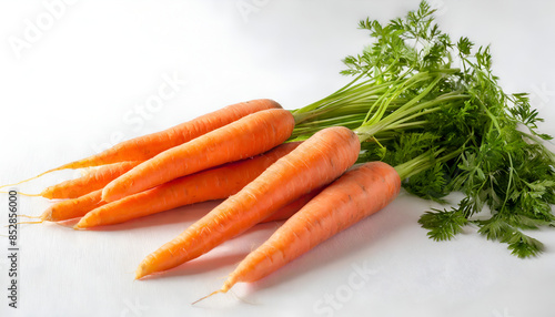 Two Whole Carrots and Three Carrot Slices on a White Background