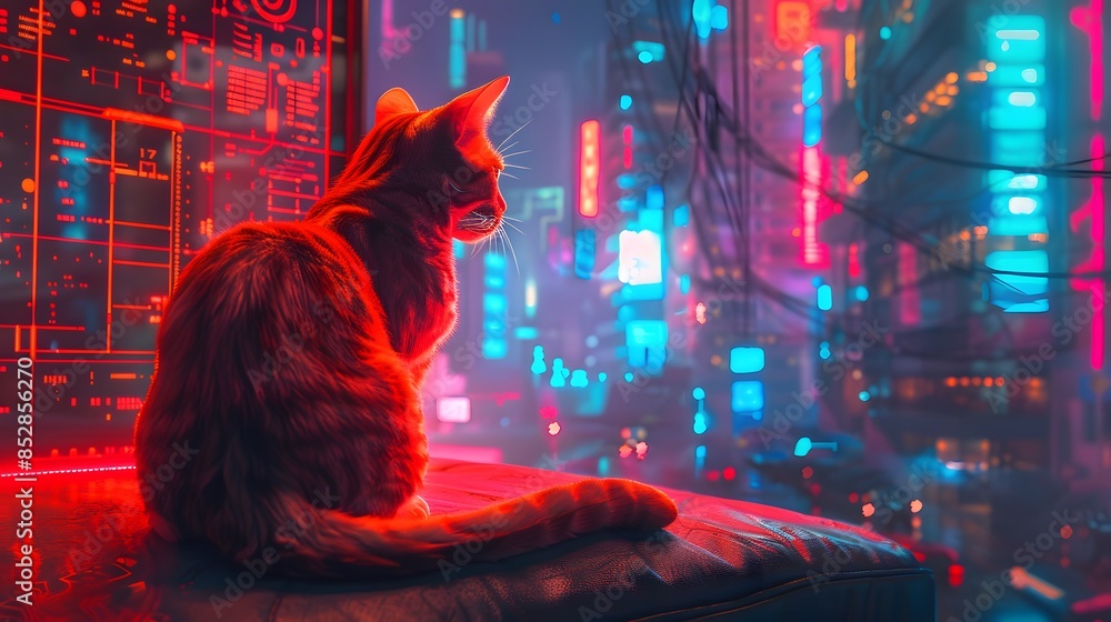 cat is sitting on a ledge looking out at a night city background. Stock ...