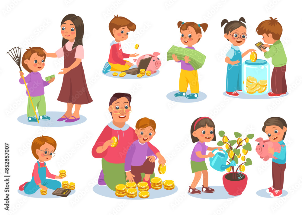 Kids financial literacy. Boys and girls hoarding coins. Dollar banknotes saving. Parents pay children for help. Money tree. Commercial education. Revenue planning. Splendid vector set Kids financial literacy. Boys and girls hoarding coins. Dollar banknotes saving. Parents pay children for help. Money tree. Commercial education. Revenue planning. Splendid vector set