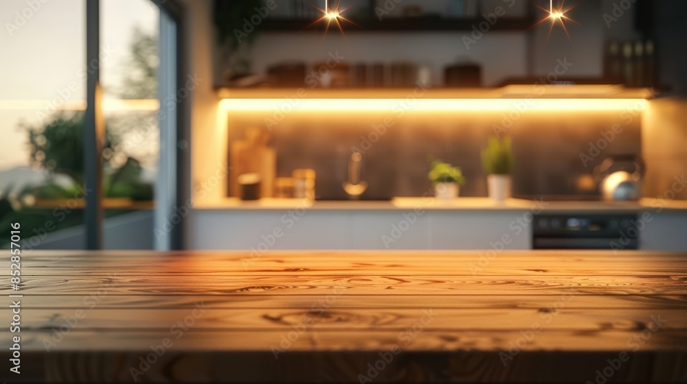 Fototapeta premium Wooden Tabletop in a Modern Kitchen with Blurry Background