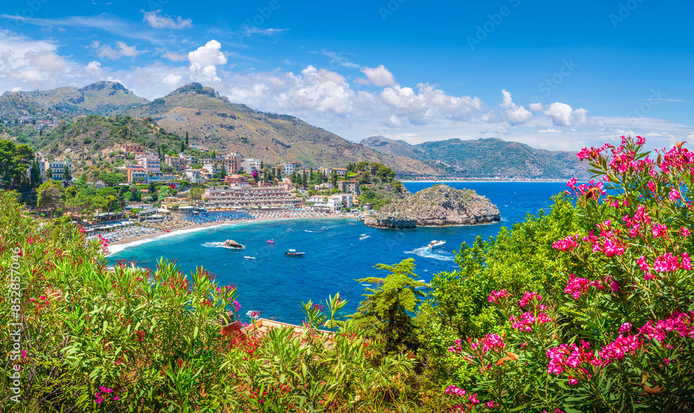 Landscape with Mazzarò beach near Isola Bella beach, Province of Messina, Taormina, Sicily, Italy