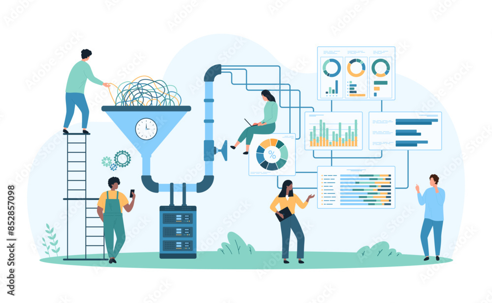 Big data funnel, AI technology for digital information stream conversion and analysis. Tiny people sorting data flow with charts and diagrams, software and filter pipeline cartoon vector illustration Big data funnel, AI technology for digital information stream conversion and analysis. Tiny people sorting data flow with charts and diagrams, software and filter pipeline cartoon vector illustration
