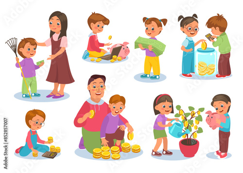Kids financial literacy. Boys and girls hoarding coins. Dollar banknotes saving. Parents pay children for help. Money tree. Commercial education. Revenue planning. Splendid vector set