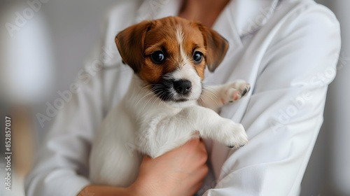 Product photo of an excited small Jack Russell Terrier puppy being held by the neck in front and to his side, with hands from a female doctor wearing a white coat holding him, full body shot. © horizon