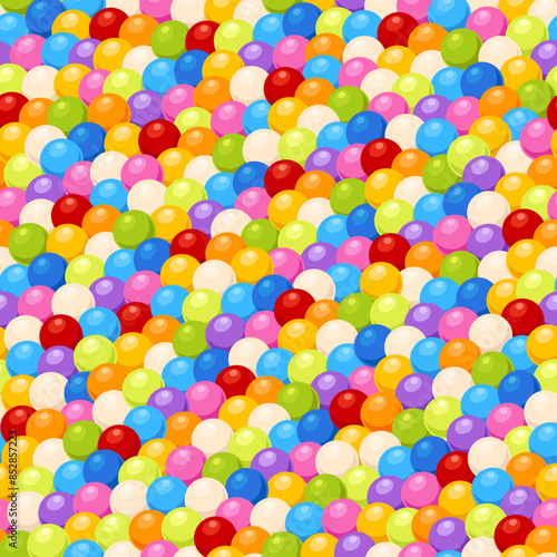 Gum balls seamless pattern. Children color round bubble gums. Repeated print. Sweets and candies heap. Game zone elements. Playroom spheres pool. Gumball dragee. Recent vector background