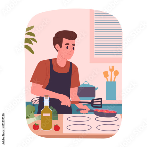 Cooking man. Male characters cooking tasty dishes at home, character preparing food at home flat vector illustration. Homemade meal preparation