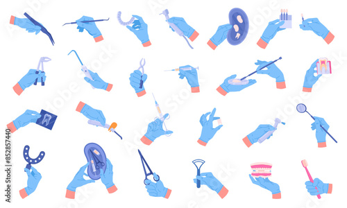 Dentist hands. Cartoon stomatologist hands in rubber gloves holding dental equipment, probes, dental tweezers and pliers flat vector illustration set. Dentist tools in doctors hands
