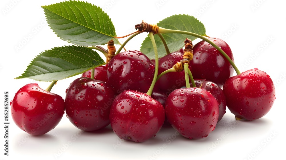 Red cherries, a bunch of cherries with leaves isolated on a white background. White transparent background for easy shadow play and composition setting. Red cherries, a bunch of cherries with leaves isolated on a white background. White transparent background for easy shadow play and composition setting.