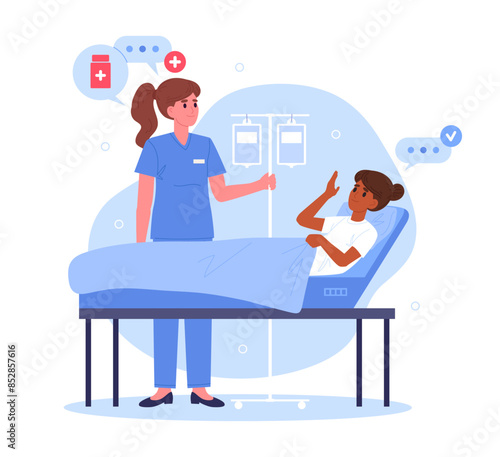 Female doctor and hospital patient. Professional medical worker advises female patient flat vector illustration. Medical doctor or nurse appointment concept