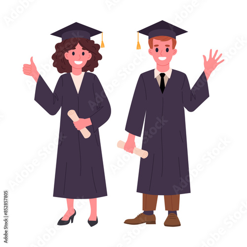Graduated students. Girl and boy graduate in graduation gowns and caps, high school students graduation flat vector illustration. Happy graduated characters