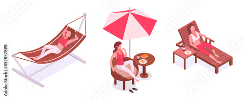 Isometric women on backyard. Female characters chilling on sun bed, in hammock and under garden umbrella 3d vector illustration set. Girls spending time outdoor