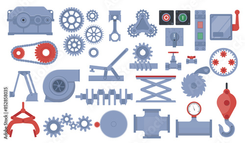 Flat machinery details. Different industrial elements and mechanism parts. Technical gears. Pinion and shaft. Steel cogwheel. Pump and loader. Factory engineering equipment vector set