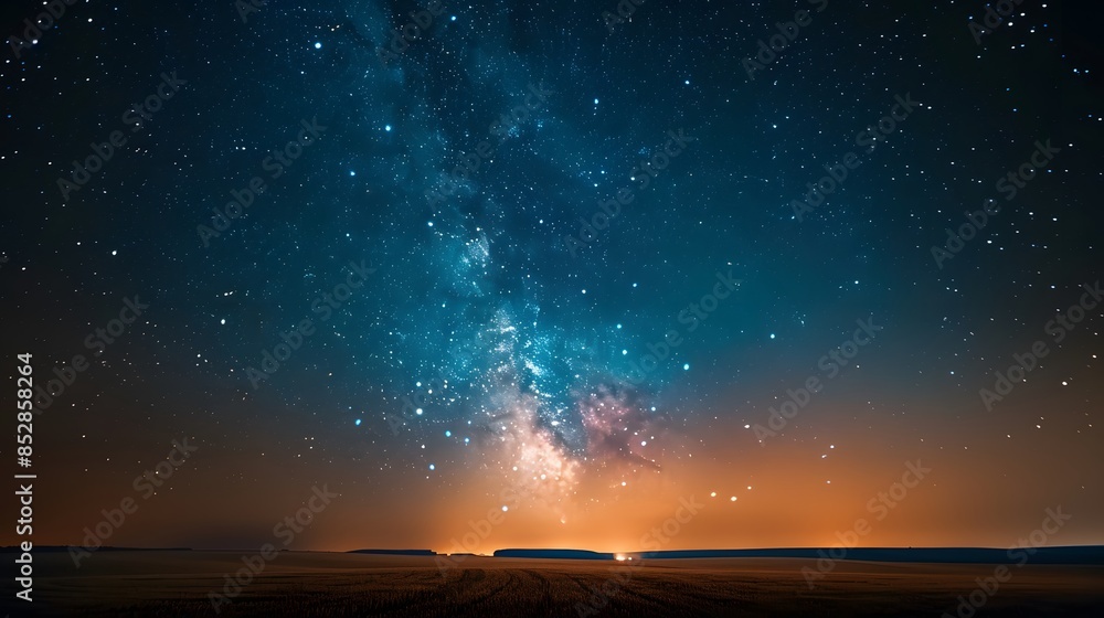 Starry night sky with the Milky Way, viewed from an open field at dusk ...