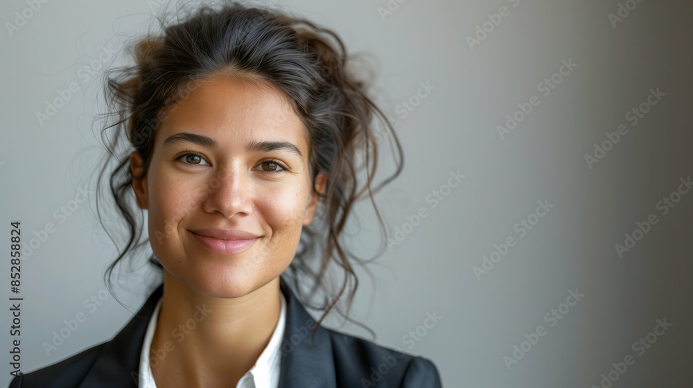 Elegant Professional Woman in Business Attire Smiling Confidently at Camera Against Minimalistic White Background, Exemplifying Modern Corporate Success and Approachability Elegant Professional Woman in Business Attire Smiling Confidently at Camera Against Minimalistic White Background, Exemplifying Modern Corporate Success and Approachability