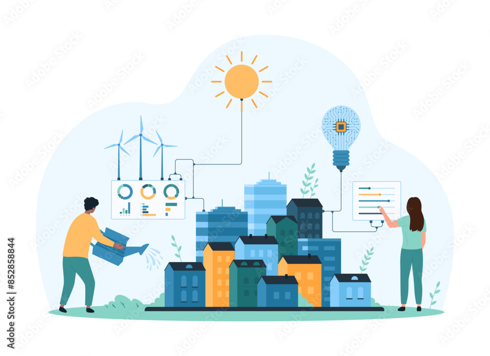 Naklejka premium Futuristic smart city with green energy technology. Tiny people grow eco sustainable environment, control settings of digital projects for environmental protection cartoon vector illustration