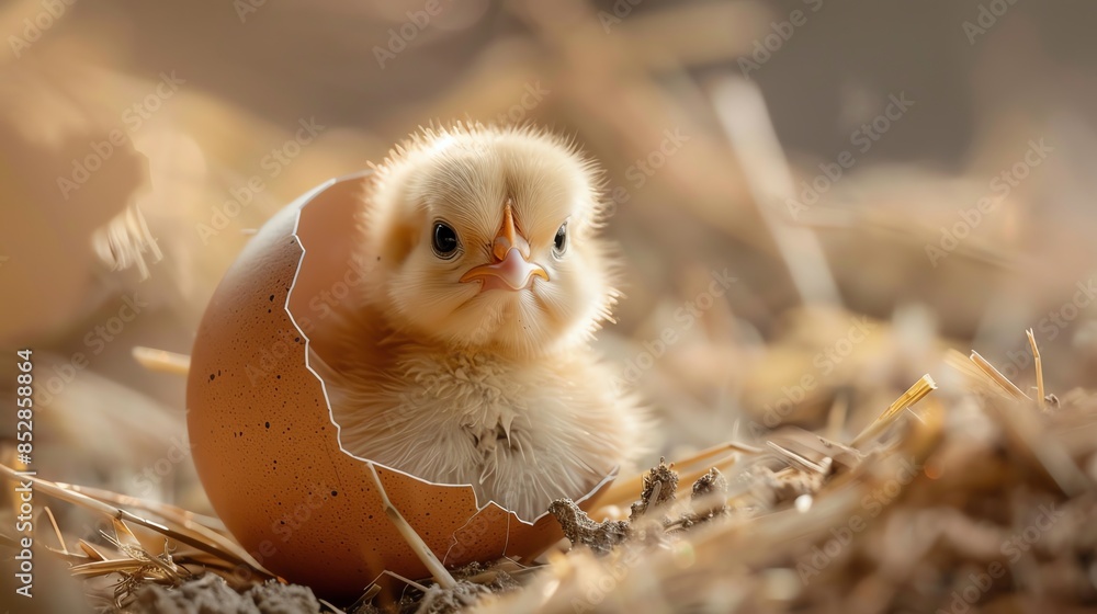 A tiny, newly hatched chick peeks out of its eggshell.