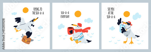 Cartoon seagull cards. Funny sailor birds in hat, bandana and sunglasses. Cute text with wordplay. Ocean mascot. Summer travel. Marine flying animals. Sea vacation. Garish vector set