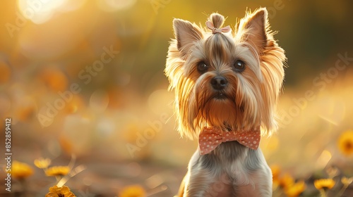 Cute Yorkshire Terrier wearing a bow tie in a field of flowers at sunset. © Sasiwan