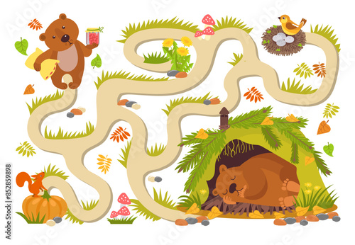 Bear sleeps in den. Cub is looking for right way. Preschool kids educational game maze. Children labyrinth worksheet. Help animal to find path leading to hole. Splendid vector concept
