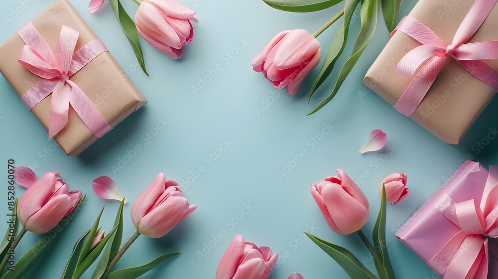 The background is light blue, with pink tulips and wrapped gifts on the right side of the picture. The composition creates an atmosphere full of warmth for Mother's Day. The background is light blue, with pink tulips and wrapped gifts on the right side of the picture. The composition creates an atmosphere full of warmth for Mother's Day.