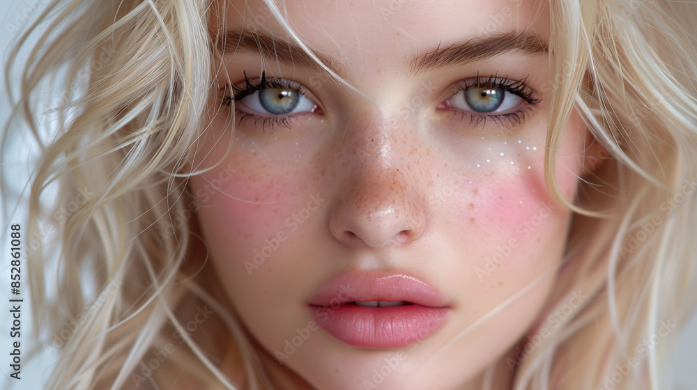 Close-up portrait of a young woman with blonde hair, blue eyes, and freckles. She has a natural makeup look with pink blush and glossy lips. Close-up portrait of a young woman with blonde hair, blue eyes, and freckles. She has a natural makeup look with pink blush and glossy lips.