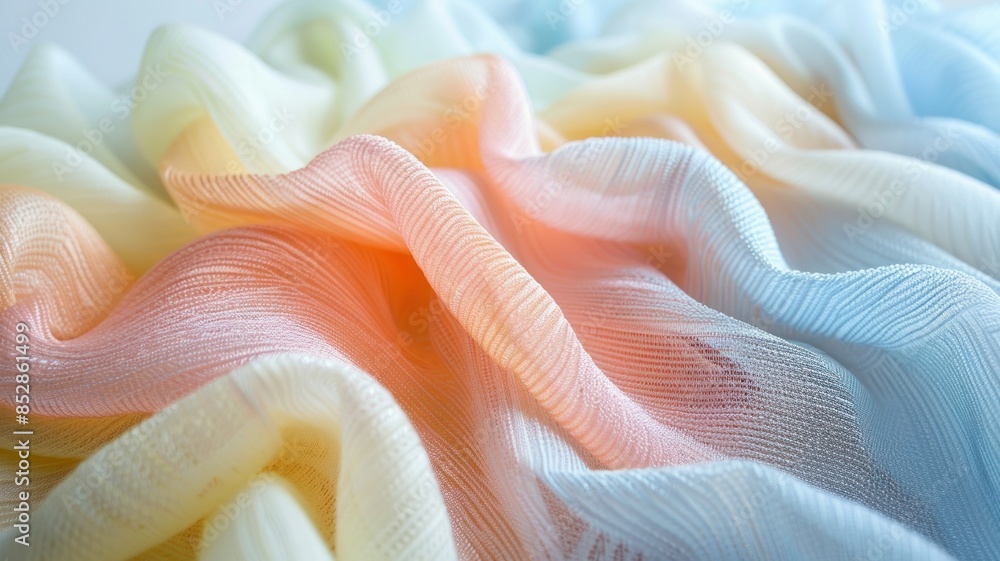 Close-up of soft, pastel colored fabric with a subtle shimmer. The material is crumpled and draped for a textured effect. Close-up of soft, pastel colored fabric with a subtle shimmer. The material is crumpled and draped for a textured effect.