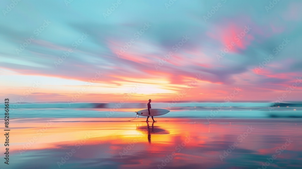 Naklejka premium Long exposure photo of a surfer walking on the beach with a surfboard at sunrise