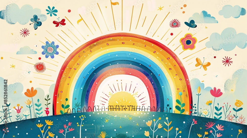 Fototapeta premium Cute and playful poster design with a rainbow and hand-drawn decorations