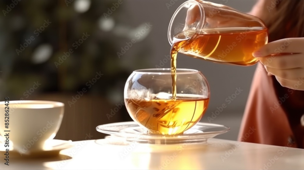 A woman is pouring tea into a glass cup A woman is pouring tea into a glass cup
