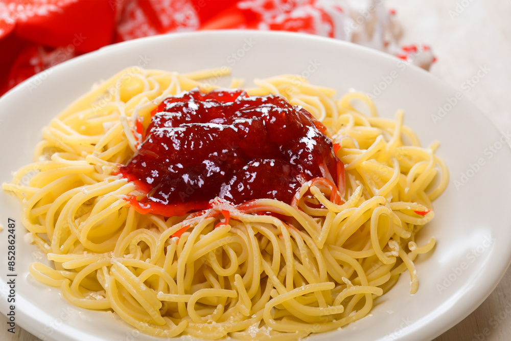 spaghetti with jam. on a colored table there is a white plate with boiled spaghetti pasta sprinkled with red jam, close-up top view sweet concept spaghetti with jam. on a colored table there is a white plate with boiled spaghetti pasta sprinkled with red jam, close-up top view sweet concept