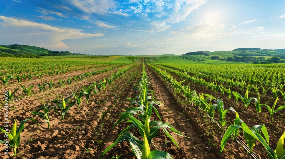Agricultural Field on a Summer Day with Ripe Sweet Corn Growing in Rows Agricultural Field on a Summer Day with Ripe Sweet Corn Growing in Rows