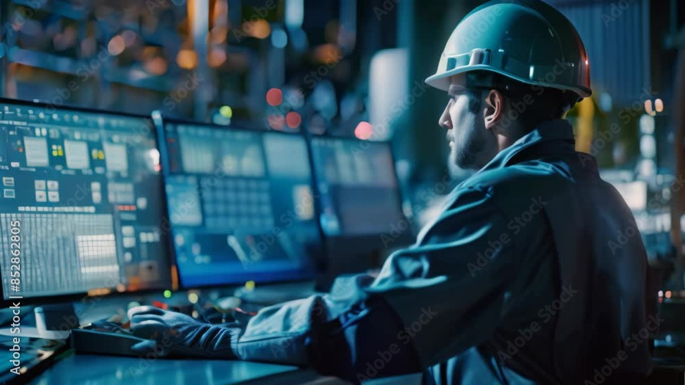 A man wearing a hard hat sits at a computer desk, monitoring a SCADA system, An engineer operator monitors a SCADA system in a control room environment A man wearing a hard hat sits at a computer desk, monitoring a SCADA system, An engineer operator monitors a SCADA system in a control room environment