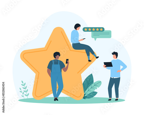 Satisfaction survey, customer review with positive result. Tiny people rate good quality of product or service with big gold star, clients vote in user poll service cartoon vector illustration