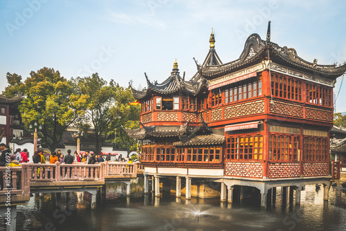 Photography view of chinese architecture in Yu Garden in Shanghai, China
