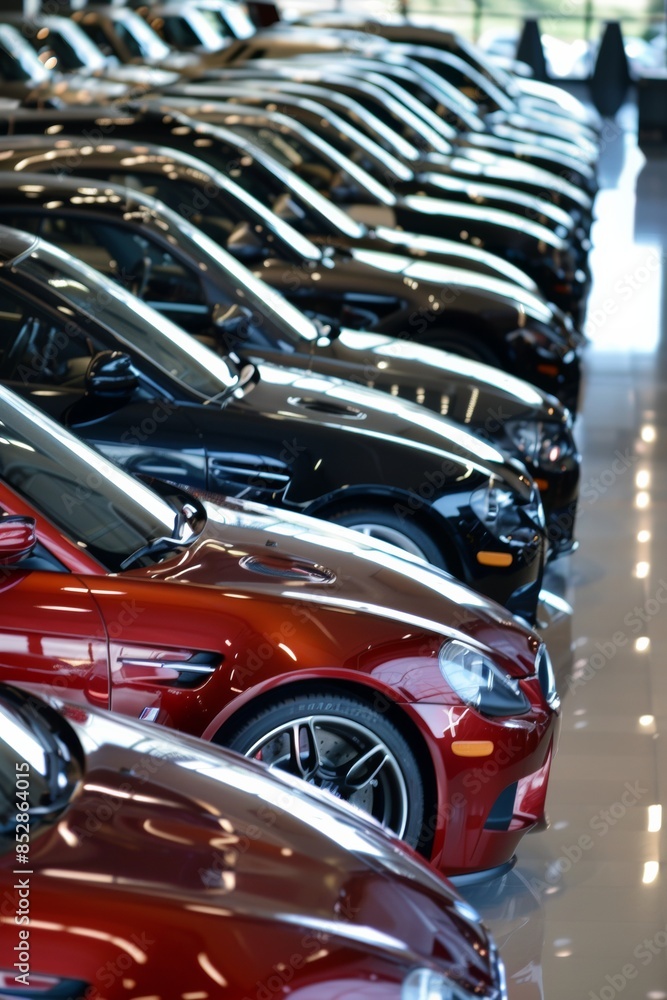 Fototapeta premium Step into gleaming showroom filled with rows new cars awaiting future owners