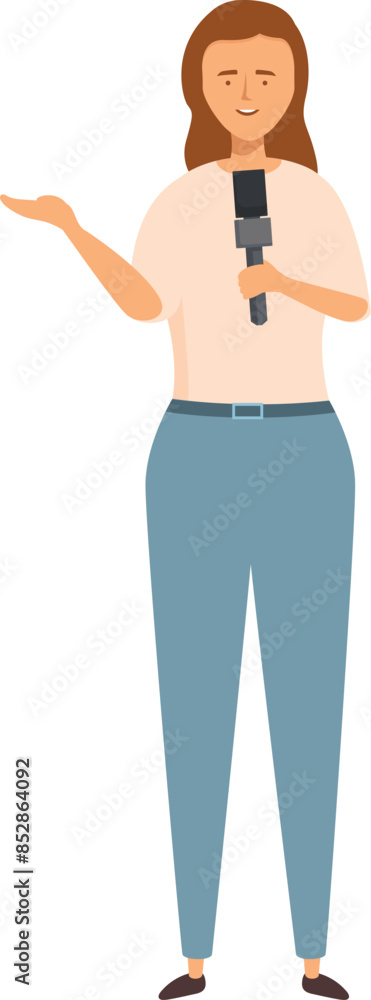 Journalist is speaking on television, holding a microphone and gesturing with her hand Journalist is speaking on television, holding a microphone and gesturing with her hand
