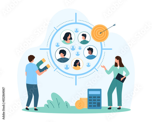 Focus group research, customer behavior analysis to attract and retain audience. Tiny people of marketing team work with individual clients profiles in aim and magnet cartoon vector illustration