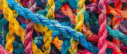 Vibrant network of intertwining ropes symbolizing strength and unity of a diverse team, against