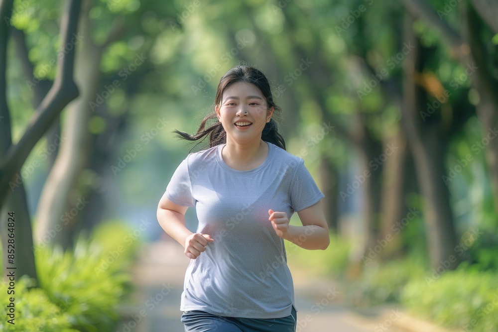 Fat young Japanese woman running in the park. She is quite fat but attractive. Fat young Japanese woman running in the park. She is quite fat but attractive.