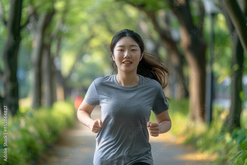 Fat young Japanese woman running in the park. She is quite fat but attractive. Fat young Japanese woman running in the park. She is quite fat but attractive.