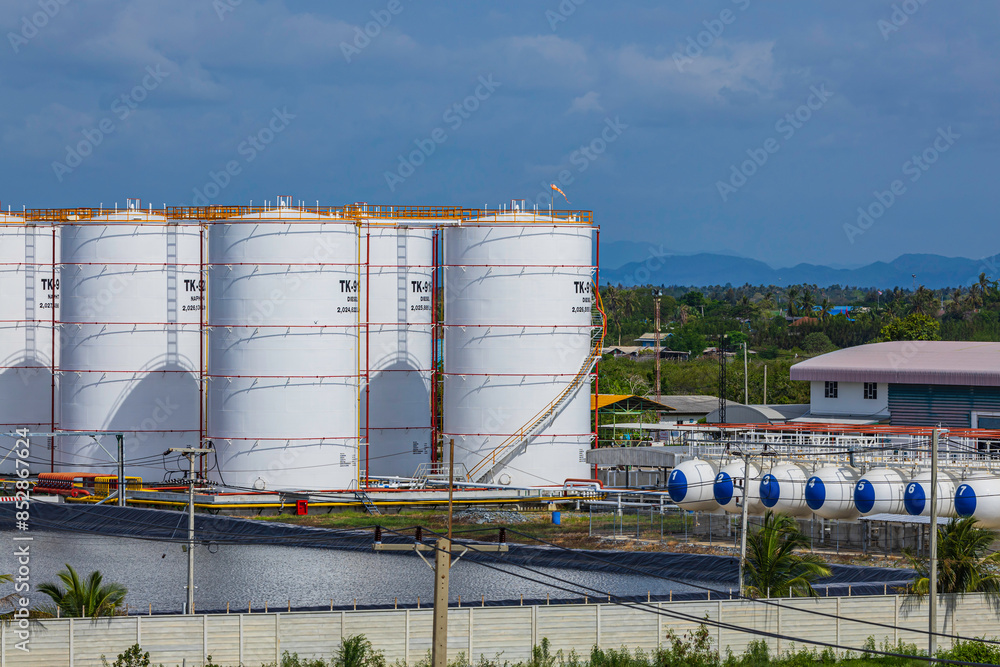 View of the new installation crude oil storage tank in the tank farm. storage tanks can be used to hold materials View of the new installation crude oil storage tank in the tank farm. storage tanks can be used to hold materials