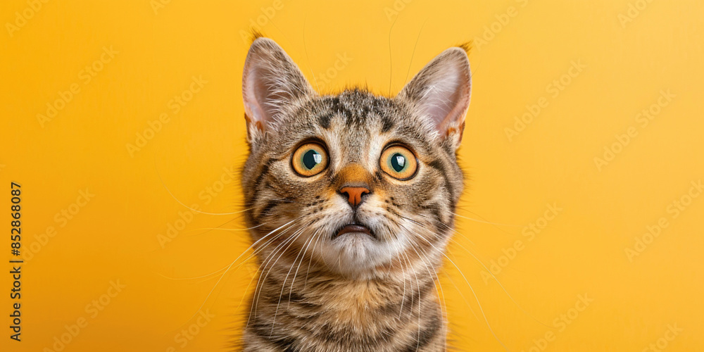Surprised young cat kitty with wide eyes on yellow background, capturing an expression of curiosity and amazement. Playful and humorous vibe, perfect for evoking joy and lightheartedness. Copy paste Surprised young cat kitty with wide eyes on yellow background, capturing an expression of curiosity and amazement. Playful and humorous vibe, perfect for evoking joy and lightheartedness. Copy paste