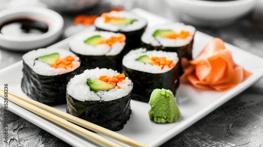 Makuuchi. Delicious sushi rolls on white plate with chopsticks and wasabi. Makuuchi. Delicious sushi rolls on white plate with chopsticks and wasabi.