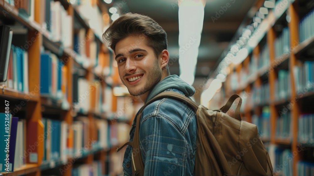 Handsome Smile student man with backpack and books in library, education, university, cheerful, college, happy, standing, school, backpack, attractive, enjoyment, confidence Handsome Smile student man with backpack and books in library, education, university, cheerful, college, happy, standing, school, backpack, attractive, enjoyment, confidence