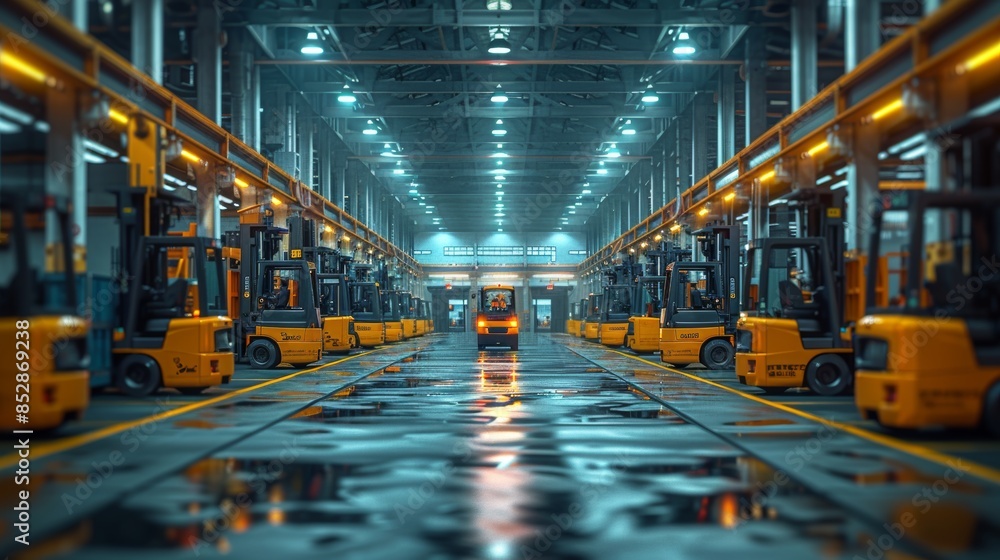 Industrial Warehouse with Rows of Forklifts Industrial Warehouse with Rows of Forklifts