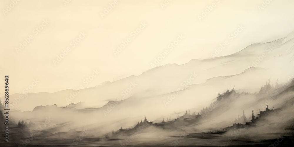 Fototapeta premium Misty Mountain Landscape in Watercolor